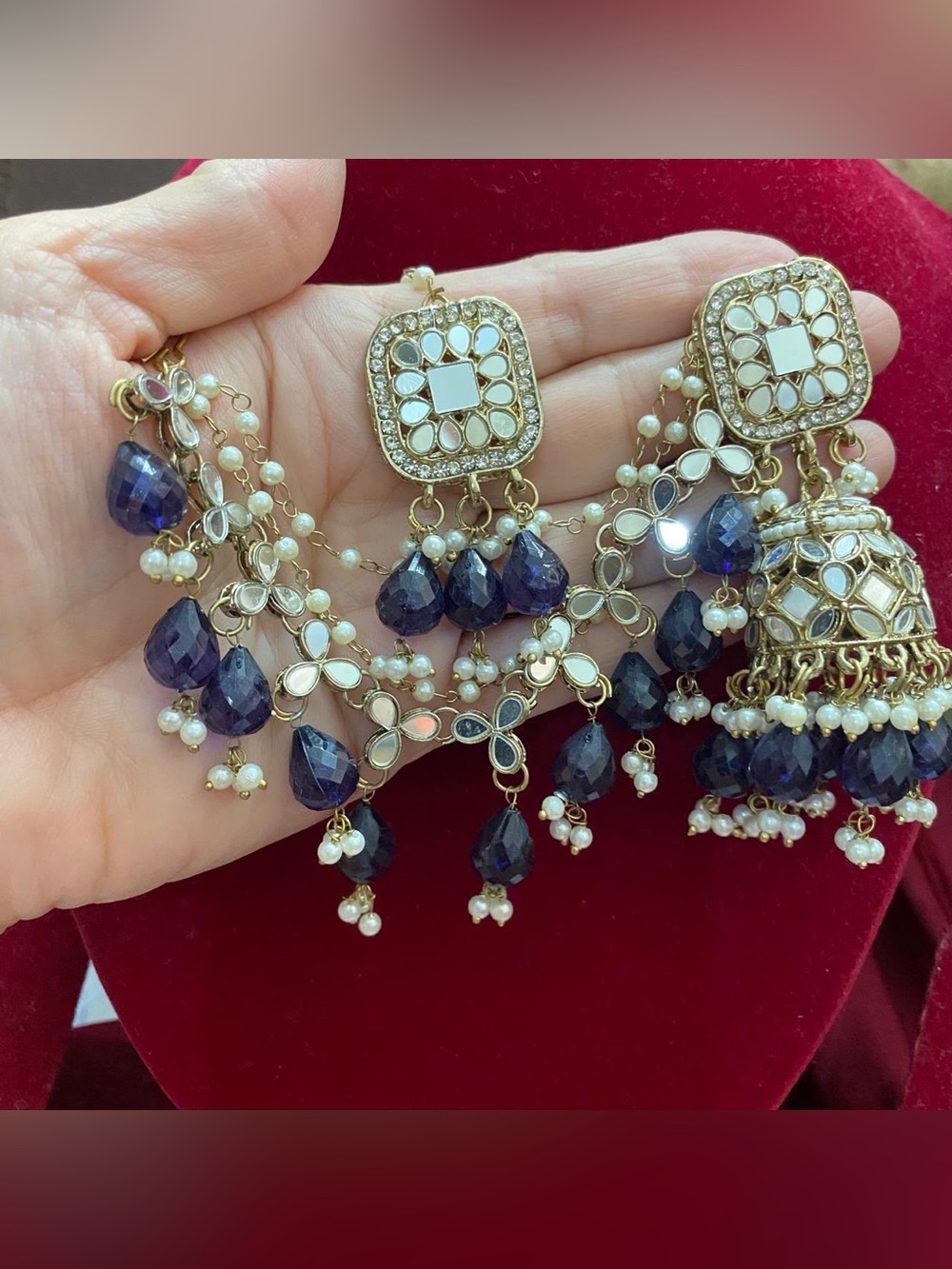 Gold-Plated Kundan Earrings with Deep Blue Beads and Pearls